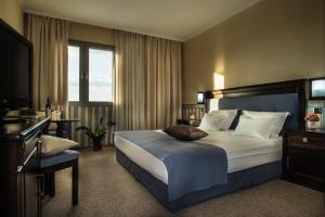 a hotel room with a bed and a desk at Hotel Sani in Asenovgrad +23 photos