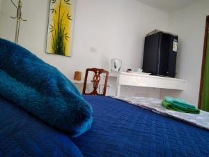 a bedroom with a bed with a blue blanket and a tv at Casa Jupiter in Villa Alemana