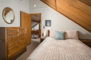a bedroom with a bed and a dresser and a mirror at The Buc's Den in Beech Mountain