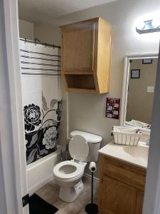 a small bathroom with a toilet and a sink at Kindness Dwells in Killeen +8 photos