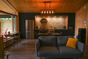 a living room with a couch and a kitchen at Refuge du Kodiak BORD DE L EAU in Sainte-Germaine-du-Lac-Etchemin