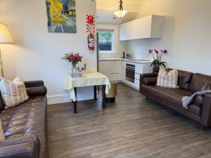 a living room with two couches and a kitchen at Ponsonby Manor in Auckland