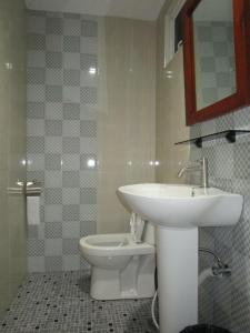 ein Badezimmer mit einem weißen Waschbecken und einem WC in der Unterkunft EA Apartelle - Metro Vigan in Vigan City