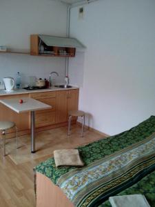 een kamer met een keuken, een bed en een tafel bij Уютная квартира в коттедже в центральной части города in Kaliningrad