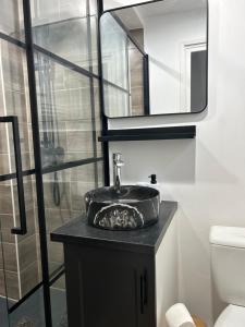 a bathroom with a sink and a mirror at L Écrin d or in Montluçon +5 photos