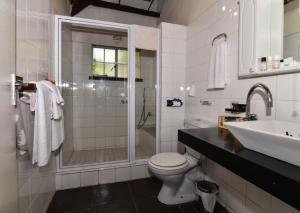 a bathroom with a shower and a toilet and a sink at Random Harvest Country Cottages in Muldersdrift +87 photos