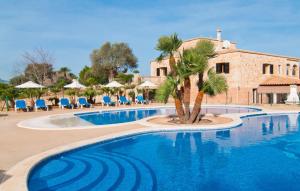 a swimming pool with a palm tree in front of a building at Can Picafort in Can Picafort