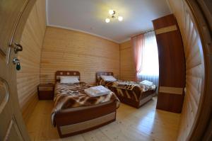 Duas camas num pequeno quarto com uma janela em Sribni Rosy em Mykulychyn