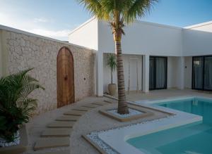 a villa with a palm tree and a swimming pool at Villa Moja in Nungwi