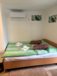 a bed with green sheets and pillows on it at Apartment Gajsek in Zavrč +13 photos
