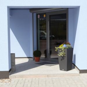 a blue building with two potted plants in front of a door at Hotel Alter Zoll in Kleinblittersdorf