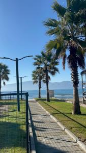 a walkway next to the beach with palm trees at Kiki's Rooms 2 in Vlorë +3 photos