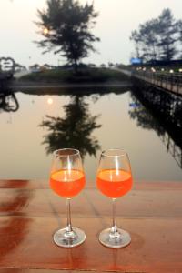 two wine glasses sitting on a table next to a lake at Molly's Nest in Mandrem