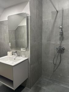 a bathroom with a sink and a shower with a mirror at Hotel Johannisberg Bad Homburg in Bad Homburg vor der Höhe +15 photos