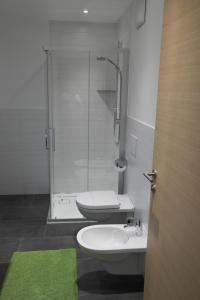 e bagno con doccia, servizi igienici e lavandino. di Appartement Fischnaller a Mühlbach