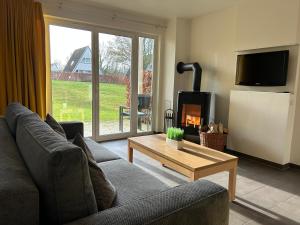 a living room with a couch and a fireplace at Ferienhauspark Asgard in Damp in Damp