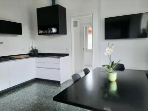 a kitchen with a black table with a plant on it at Casa vacanze I Due Tigli in Travedona