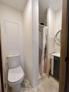 a white bathroom with a toilet and a shower at Cocon en petite Camargue in Aimargues