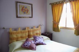 a bedroom with a bed with purple pillows and a window at Casa Lihuel in Colón