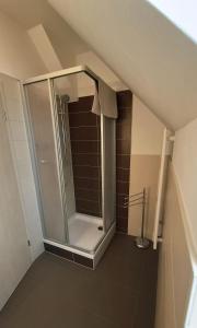a bathroom with a glass shower in a attic at Ferienwohnanlage John Alter Stall in Burg +26 photos