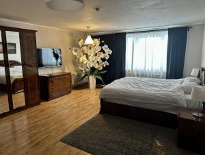 ein Schlafzimmer mit Bett, Fernseher und Blumen in der Unterkunft 3 in Sigulda