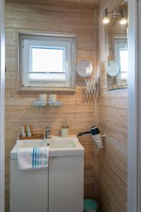 a bathroom with a white sink and a window at Hausboot Baltic Goose in Burgtiefe auf Fehmarn  +9 photos