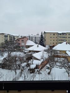 a snow covered city with buildings and trees at Mateo rezidence in Bistriţa