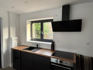 a kitchen with a sink and a window at Studio avec spa vue Moselle in Dinozé