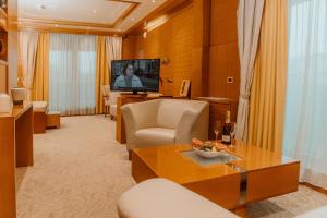 a living room with a couch and a television at Garni Hotel Aleksandar in Novi Sad
