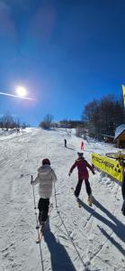 two people are cross country skiing in the snow at Planinska kuća Nemanja in Šljivovica