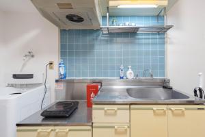a small kitchen with a sink and blue tiles at Kasuga Good Place House in Kasugabaru