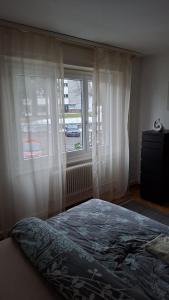 a bedroom with a bed and a window at Private Ideal Apartment in Fribourg