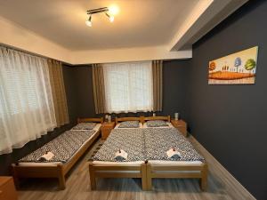 two twin beds in a room with two windows at Vila Alexandra 2025 in Bačka Topola