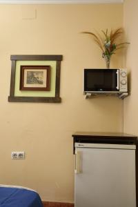 ein Zimmer mit einem Fernseher und einer Mikrowelle an der Wand in der Unterkunft Hostal Rocio in Sanlúcar la Mayor