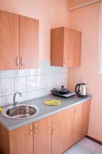 a kitchen with a sink and wooden cabinets at Hotel Uyut in Kremenchuk