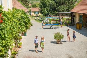 eine Gruppe von Menschen, die in einem Innenhof stehen in der Unterkunft Winzerhof Familie Bogner in Rohrendorf bei Krems