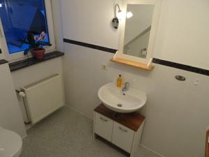 a bathroom with a sink and a mirror at Ferienwohnung Strunz Backnang ruhig zentrumsnah & S-Bahn in Backnang +1 photo
