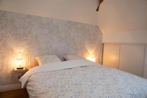 a bedroom with a bed with two lamps on it at L'auberge du Paon in Troyes