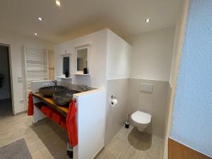a white bathroom with a sink and a toilet at FeWo Landidyll in Dürrnberg +18 photos