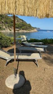 two lounge chairs and an umbrella on a beach at Fetovaia Magic Holiday Villa in Fetovaia