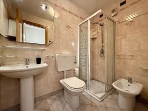a bathroom with a sink and a toilet and a shower at Dolomiti Cadore Home in San Pietro di Cadore