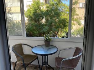 Ein Tisch und Stühle vor einem Fenster mit einer Topfpflanze in der Unterkunft Green gallery in Haifa