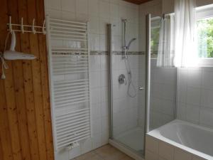 a bathroom with a shower and a tub and a sink at Kaisers Ferienhof in Hallenberg +63 photos