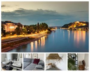 a collage of three pictures of a river with buildings at Guesthouse in Neuhäusel