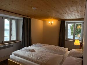 a bedroom with two beds and two windows at Sust Lodge in Hospental
