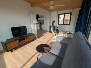 a living room with a gray couch and a flat screen tv at Gîte du Vieux Cuvage in Vaux-en-Beaujolais