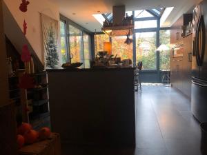 a kitchen with a counter in a room with windows at Villa des Bois Sauvages in Liège