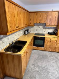 a kitchen with wooden cabinets and a sink at Oberalm Apartment Gemütliche 2 Zimmer Wohnung in Oberalm