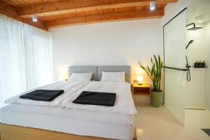 a bedroom with a large white bed with white walls at GG3 guesthouse in Eger