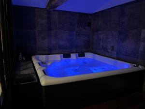 a large tub with blue water in a bathroom at La Merletière in Cholet
